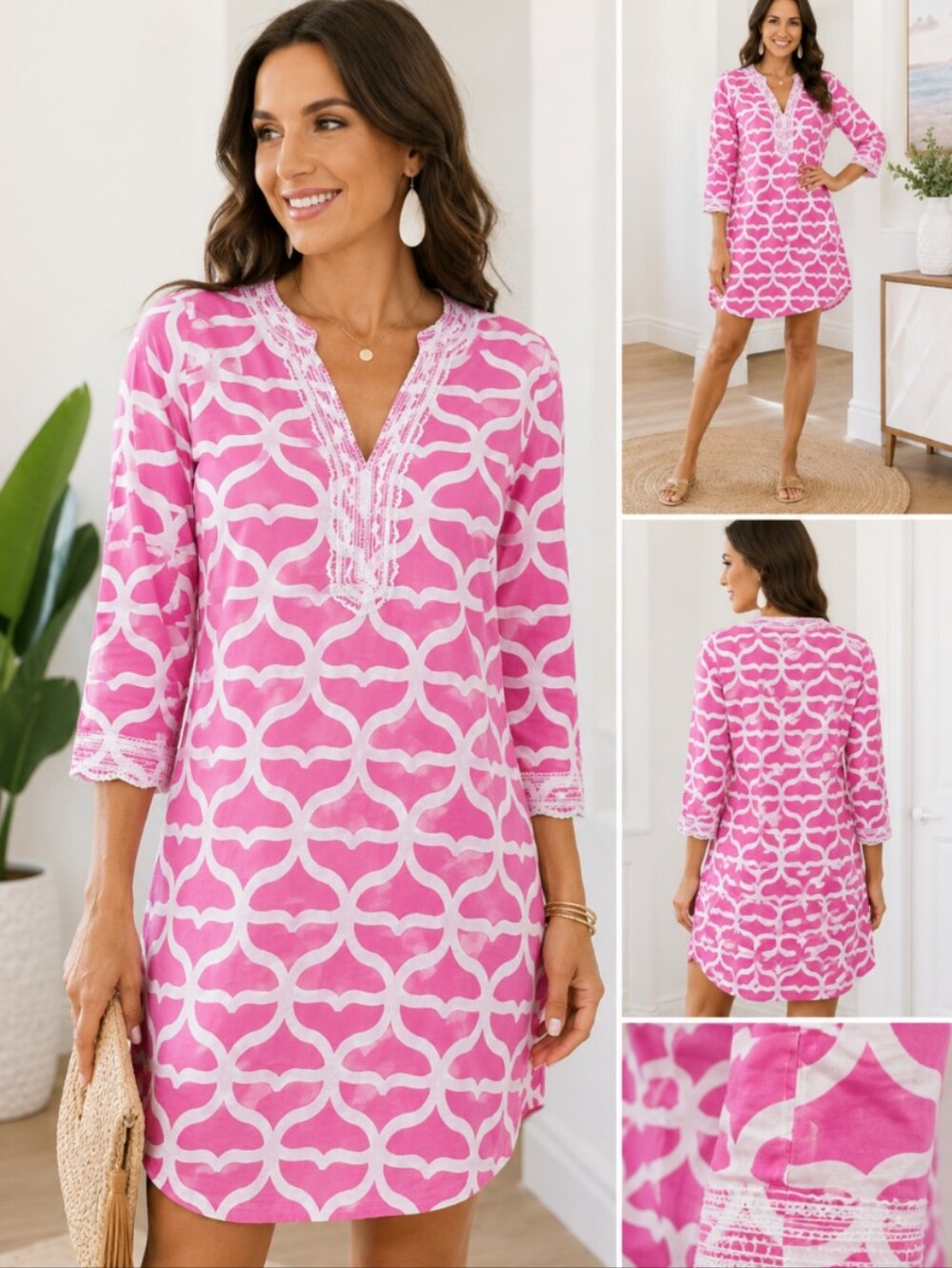 Vineyard Vines Pink White Whale Tail Geometric Embroidered Cotton Tunic Dress S